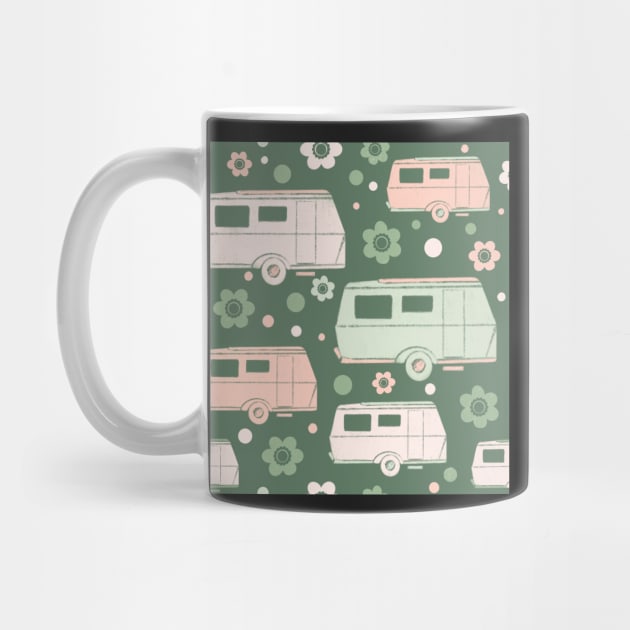 Green And Pink Vintage Caravans and Flowers Pattern by NattyDesigns